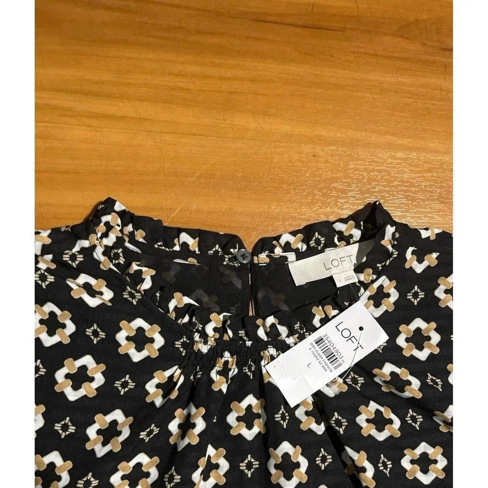 NWT LOFT Geo Print Ruffled Mock Neck Leg Of Mutton Puff Ruched Sleeve Lined Top